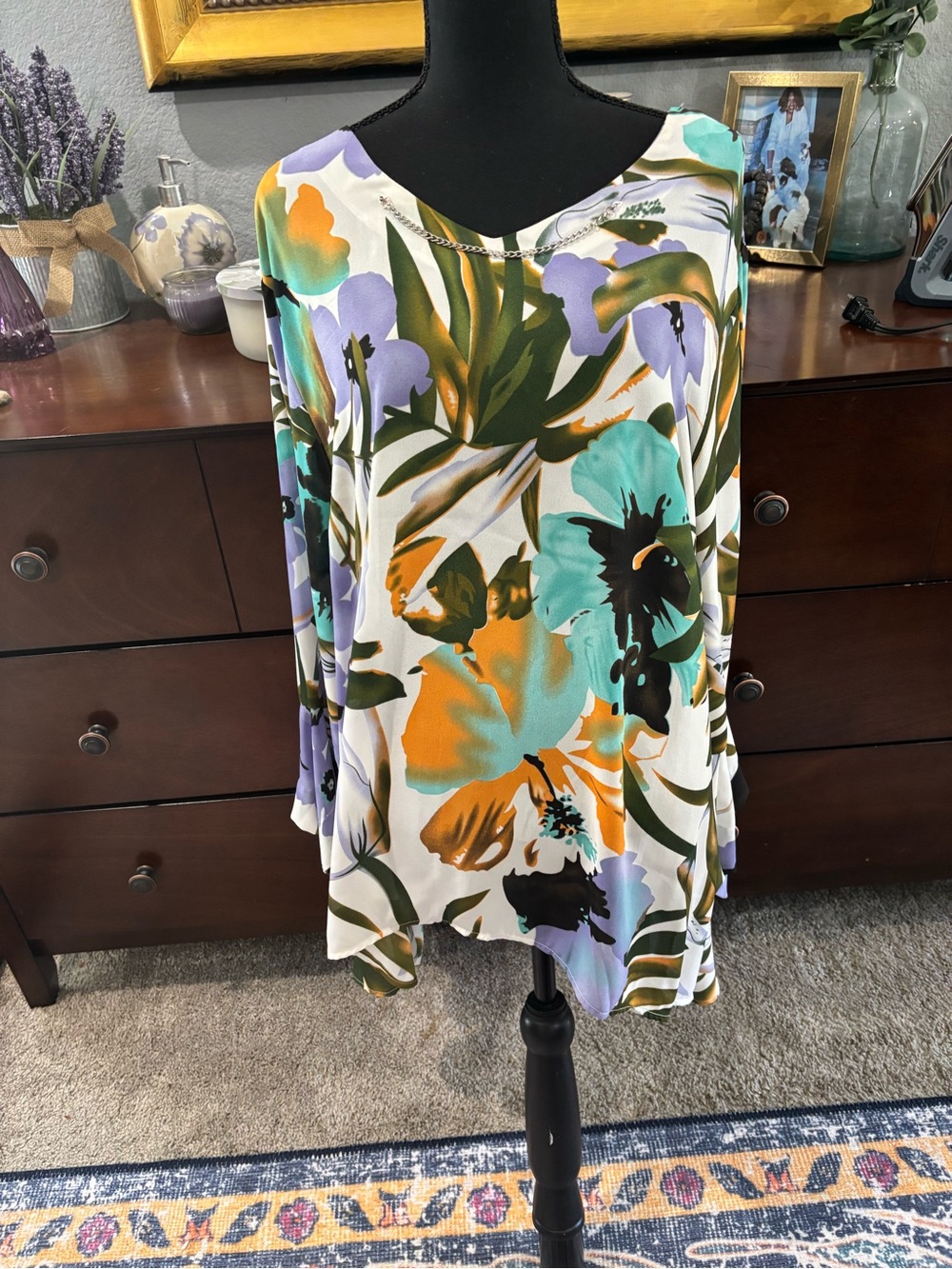Ashley Stewart White Floral Chain-Trim Tunic with Teal, Lavender & Orange